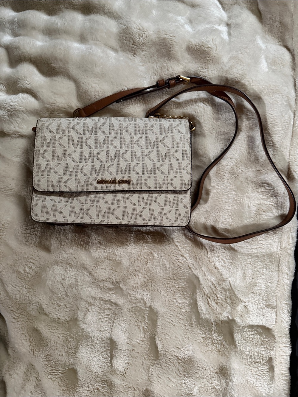 Michael Kors Cream Logo Crossbody with Brown Strap